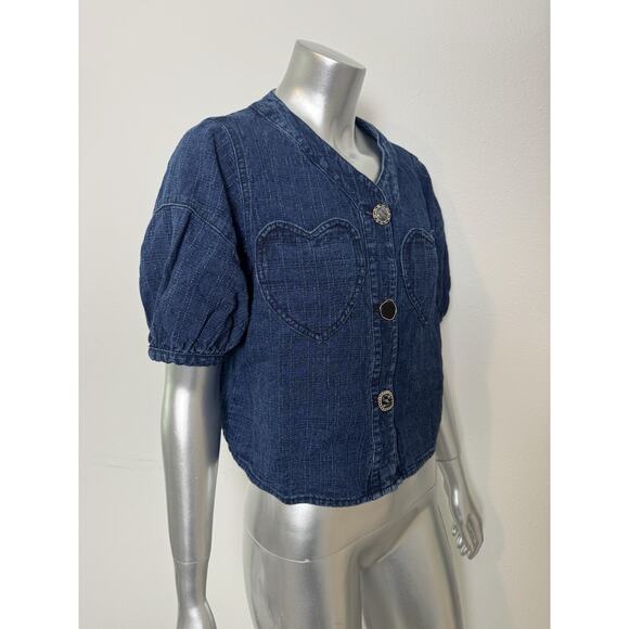 Cropped Jacket Womens Small Puff Sleeve Blue Denim Buttons Heart Pockets KUOSE - Picture 3 of 16